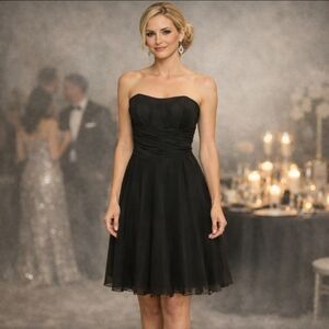 Strapless black chiffon Mori Lee fit and flare midi evening special  gown. Sz 12